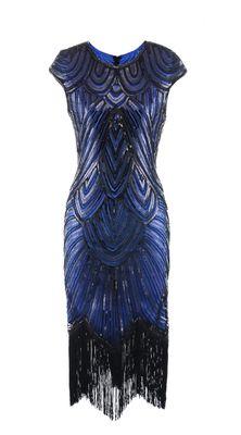 Blue and Black Beaded Cap Sleeve Great Gatsby Dress