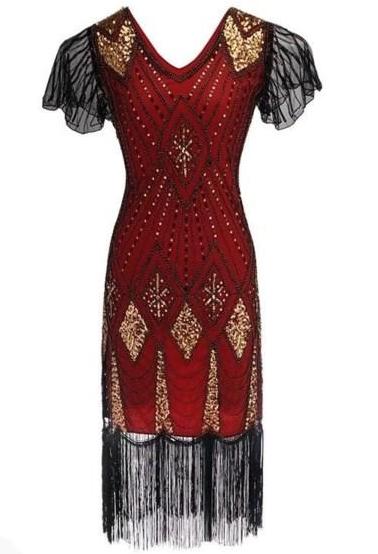 Black, Red and Gold Gatsby Dress with flutter sleeve