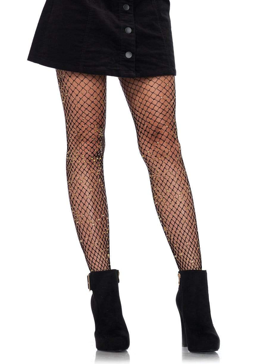 Black Fishnet Pantyhose with Gold Glitter