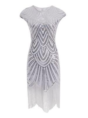 White Beaded Cap Sleeve Great Gatsby Dress
