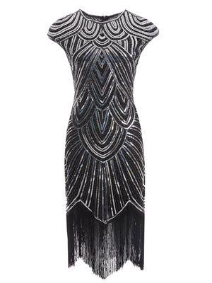 Black and Silver Beaded Cap Sleeve Great Gatsby Dress