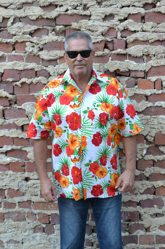 Red and Orange Hibiscus Button Down Shirt