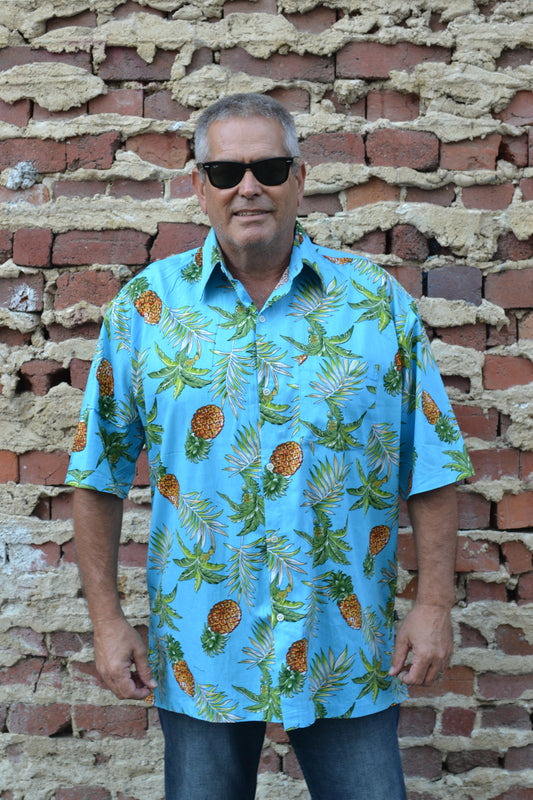 Blue Tropical Pineapple Print Button Down Shirt