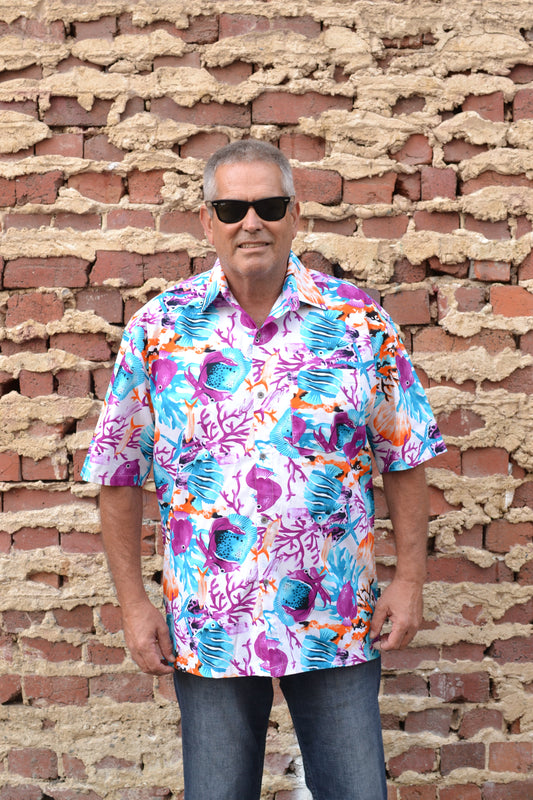 Purple and Blue Tropical Fish and Coral Print Button Down Shirt