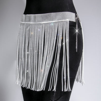 Rhinestone White Fringe Tassel Belt Skirt