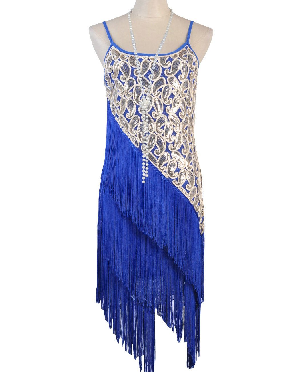 Blue Paisley and Diagonal Fringe 1920s Dress