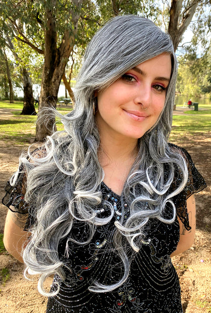 Deluxe Long Grey and White Curly Wig