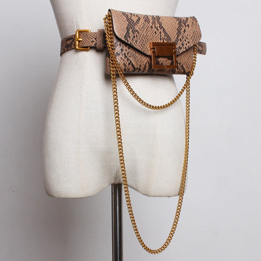Brown Snakeskin Serpentine Belt Bag With Chain