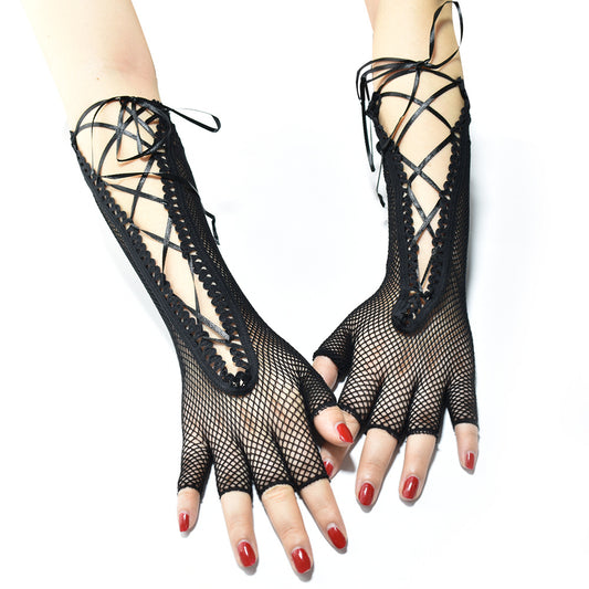 Black Lace Up Fingerless Fishnet Gloves
