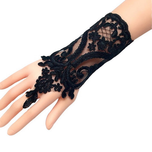 Black Fingerless Lace Applique Wrist Gloves