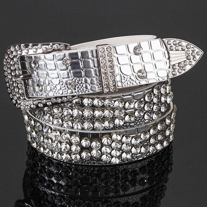 Metallic Silver Rhinestone Studded Belt