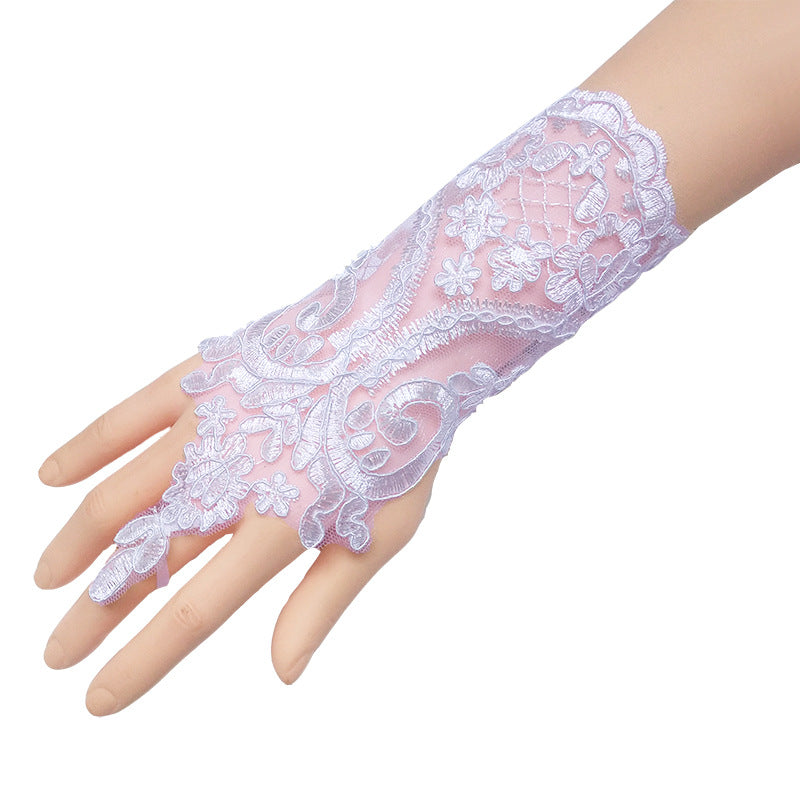 White Fingerless Lace Applique Wrist Gloves