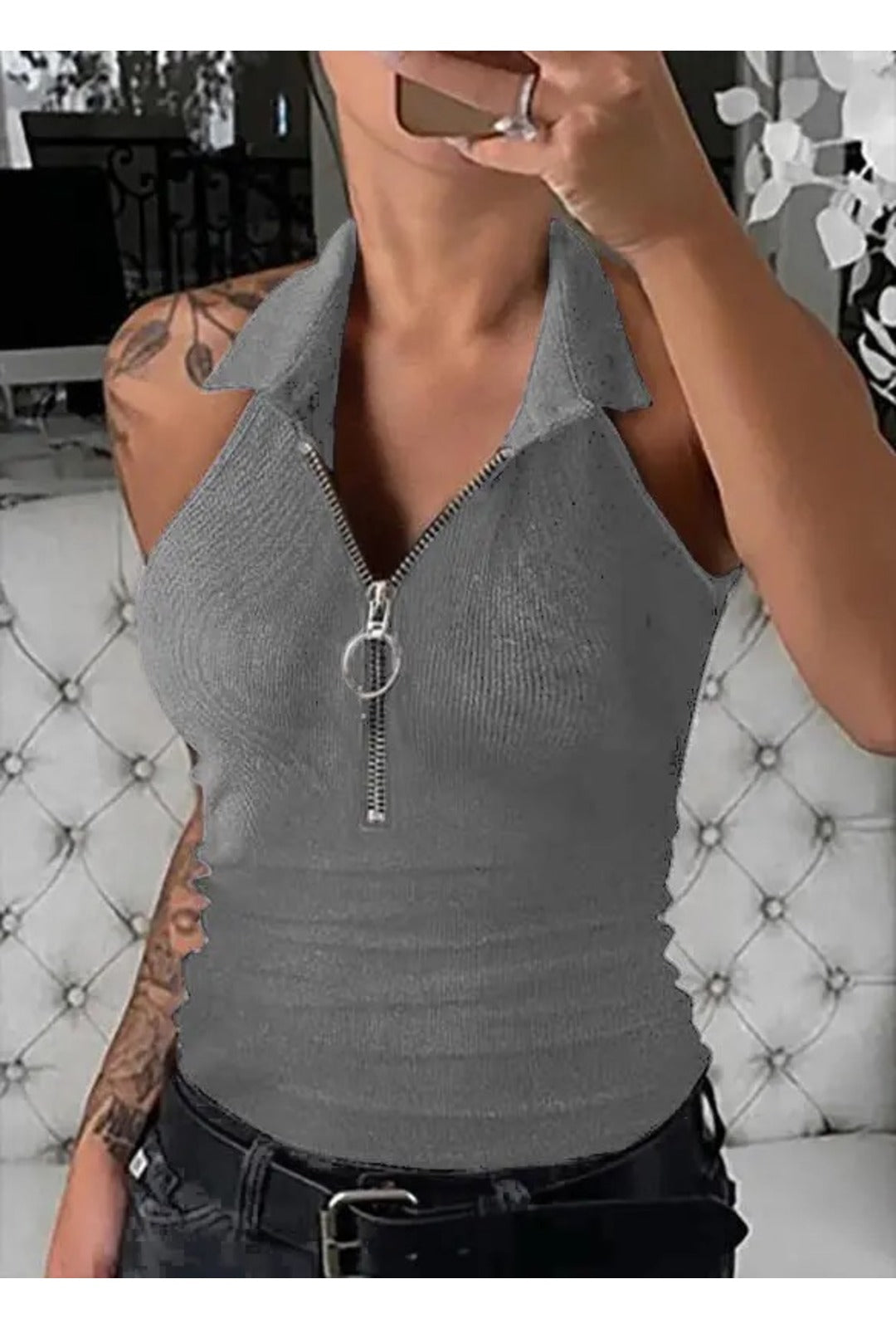 Grey V-Neck Collar Ribbed Top