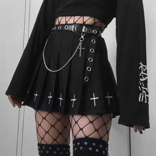 Black Cross Pleated Skirt