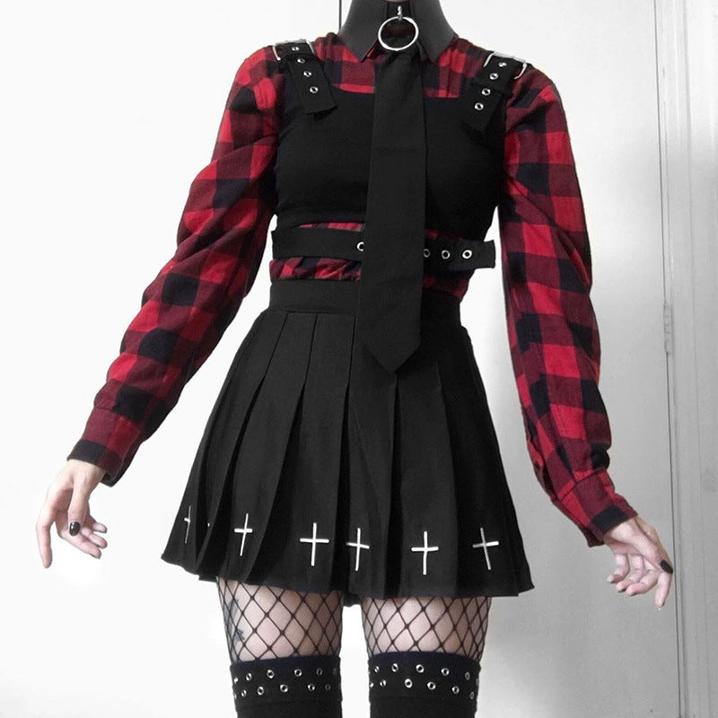 Black Cross Pleated Skirt