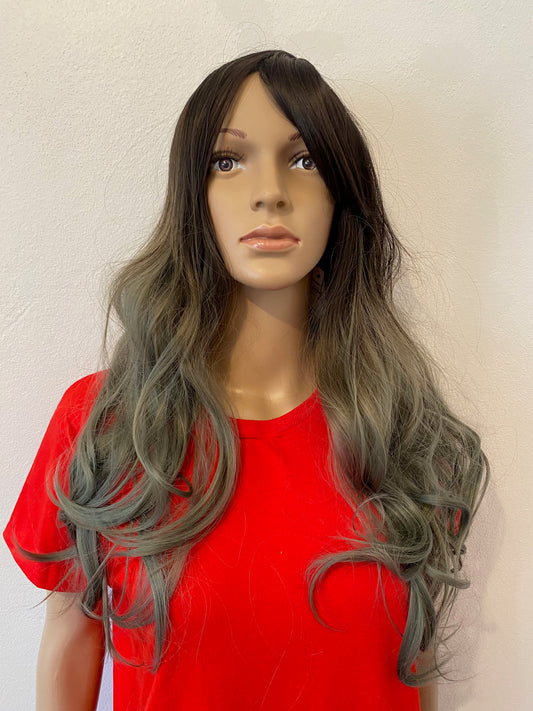 Long Curly Dark to Ash Grey Ombre Wig