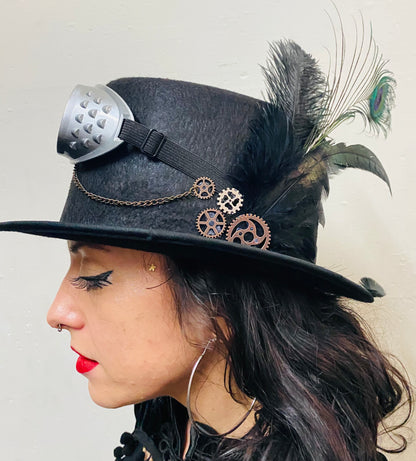 Feather and Silver Goggles Steampunk Top Hat (MM)