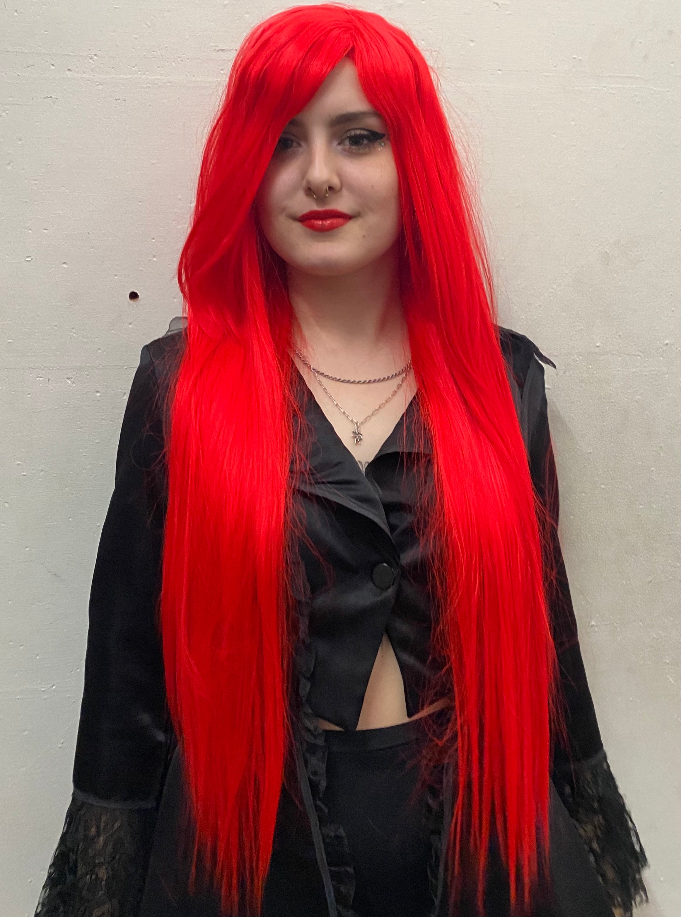 Deluxe Extra Long Straight Bright Red Wig Hurly Burly