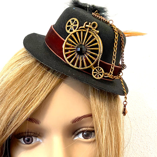 Gold Bicycle & Feathers Steampunk Mini-Hat (I)
