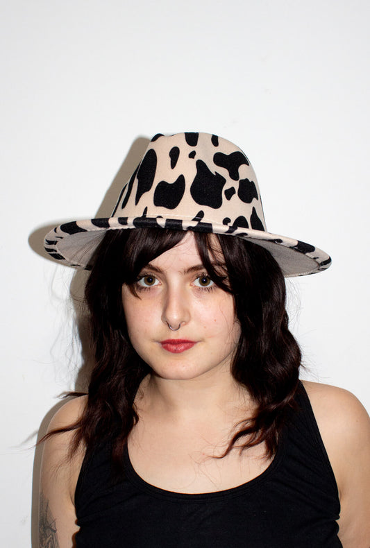 Ivory Cow Print Fedora Hat