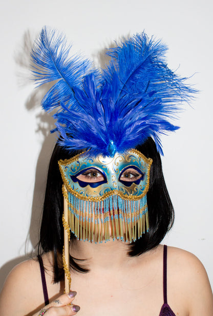 Blue Tassel Masquerade Mask on Stick