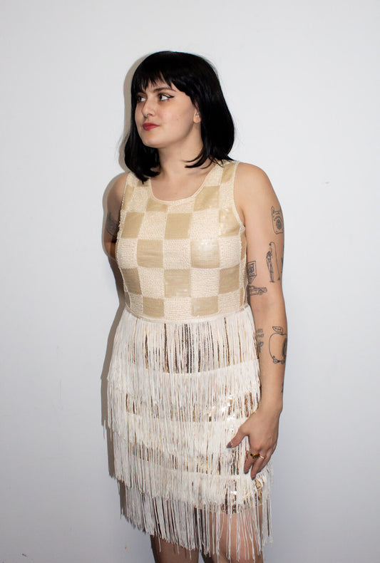 Sequin Ivory & Gold Fringe Gatsby Dress