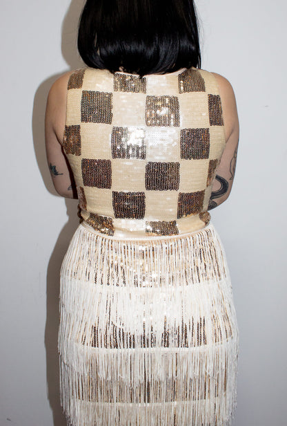 Sequin Ivory & Gold Fringe Gatsby Dress