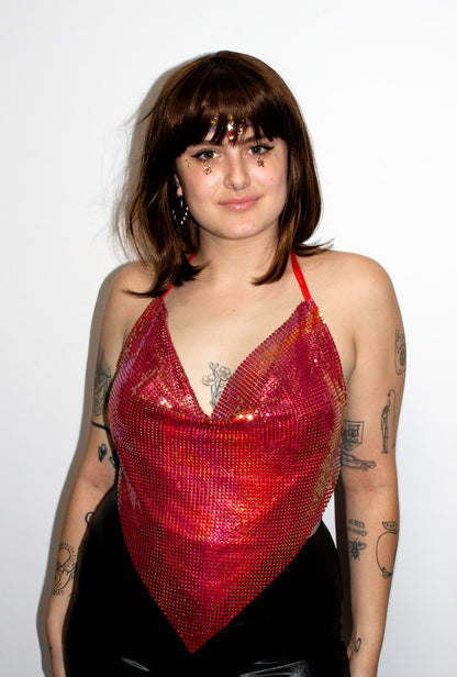 Iridescent Pink & Red Metal Mesh Top