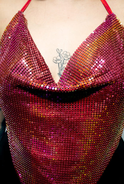 Iridescent Pink & Red Metal Mesh Top