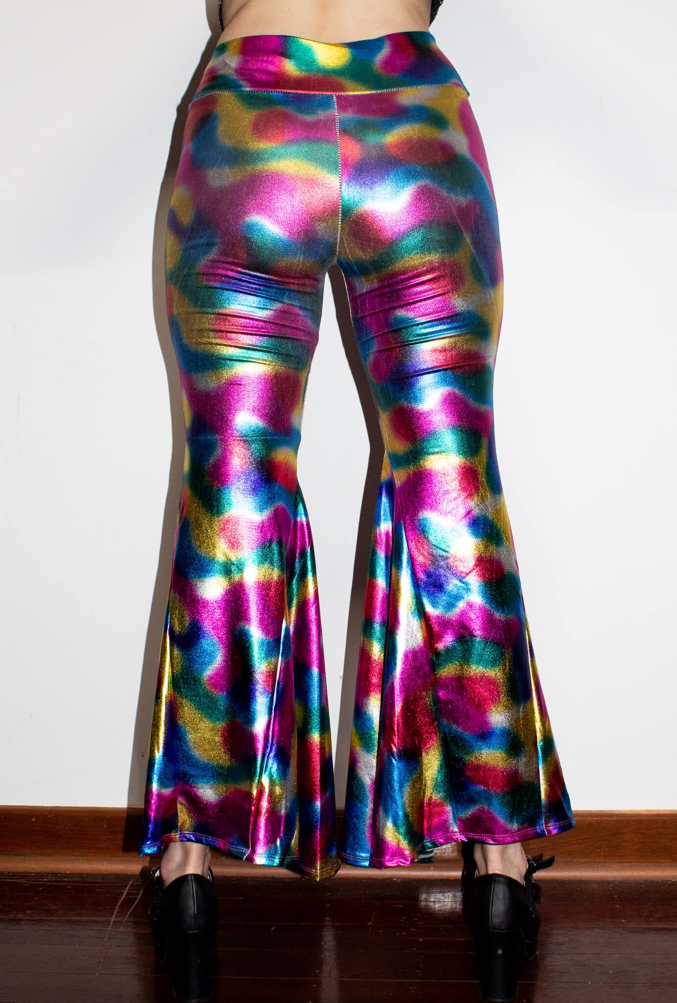 Rainbow 70's High Waisted Bell Bottom Jeans Metallic Rainbow