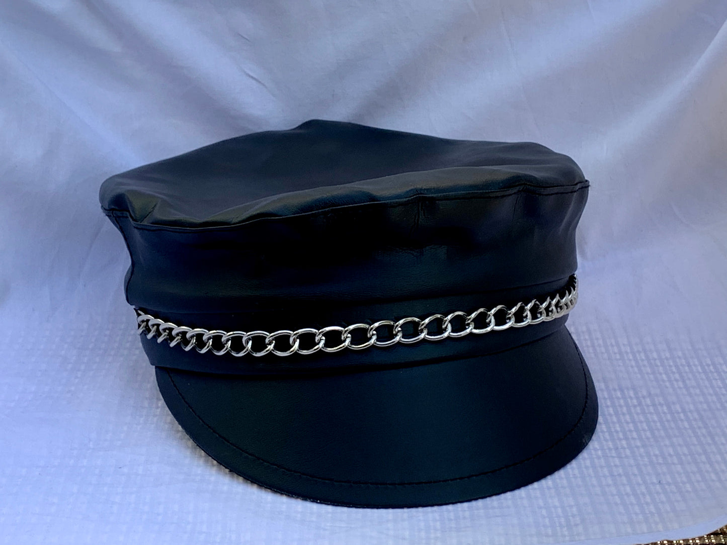Leather Look Biker Hat with Chain