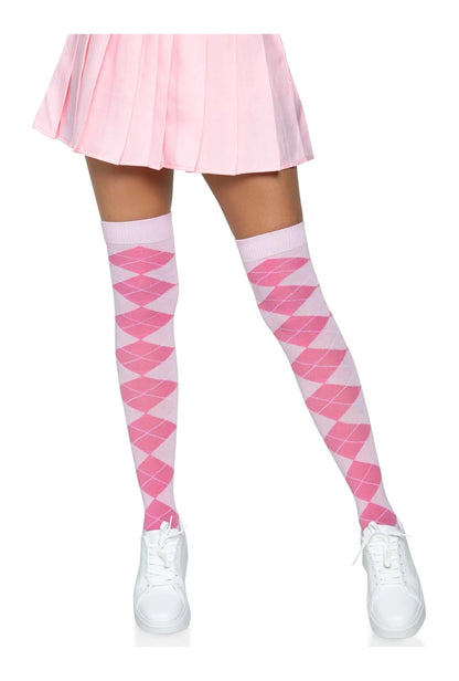 Pink Argyle Over The Knee Socks