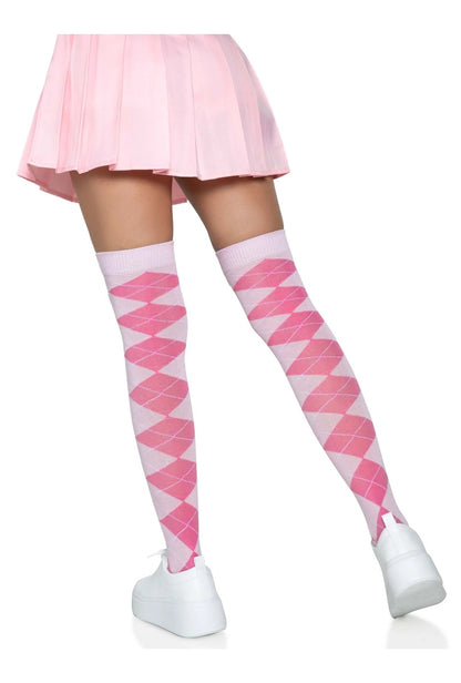 Pink Argyle Over The Knee Socks