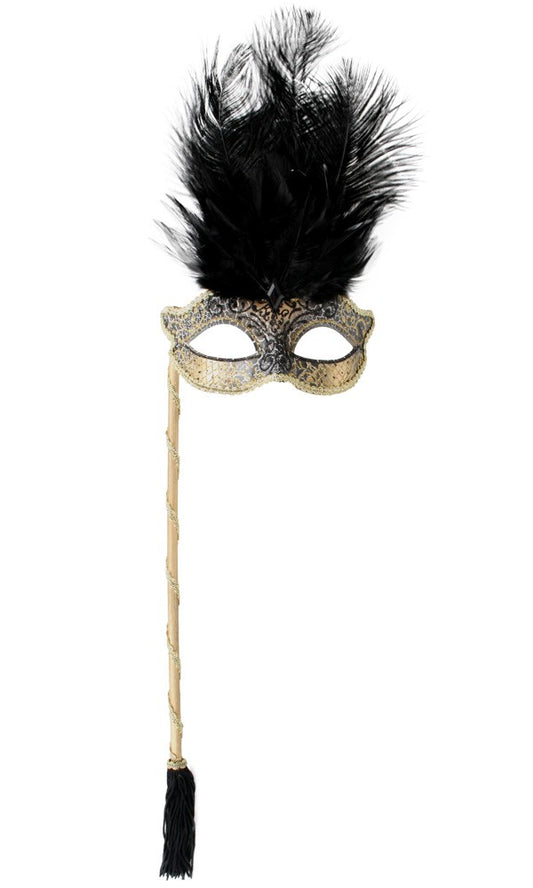 Black and Gold Feathered Mask on Stick