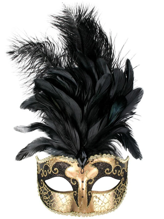 Black and Gold Deluxe Feathered Mask