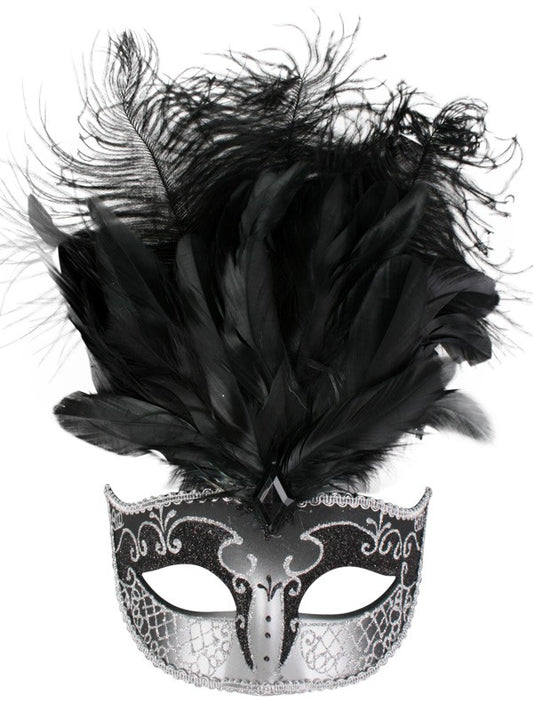 Black and Silver Deluxe Feathered Mask