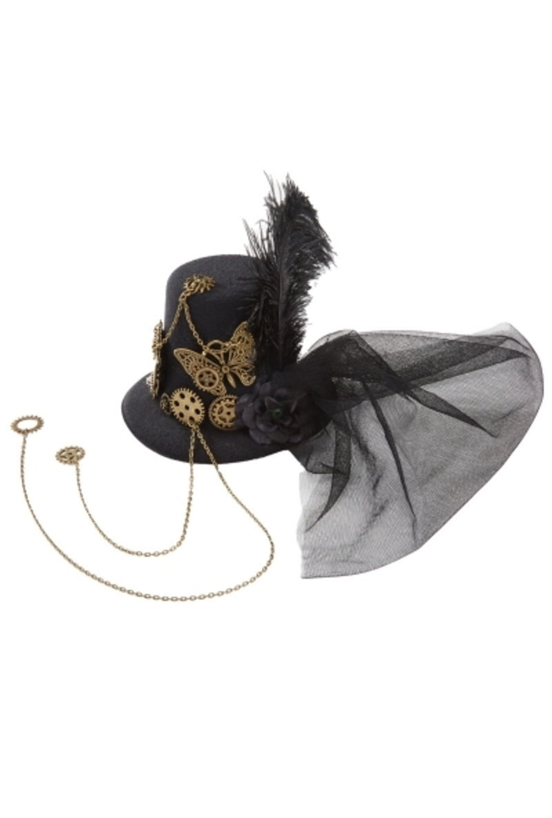 Steampunk Mini Black Hat with Feather & Veil (BB)