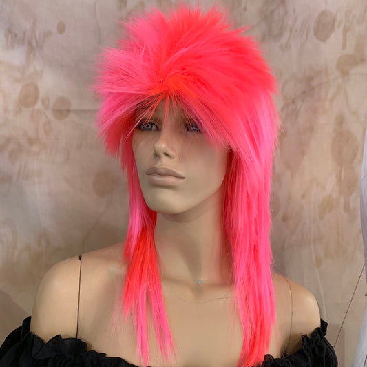 Fluro Pink 80's Deluxe Mullet Wig