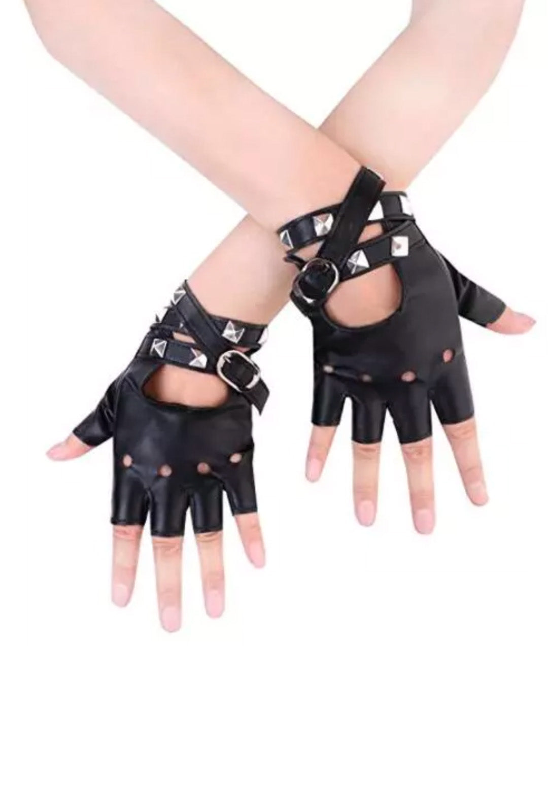 Ladies Black Fingerless Studded Gloves