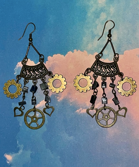 Steampunk Heart Cog Chandelier Earrings (J)