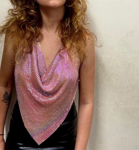 Pink Metal Mesh Triangle Top