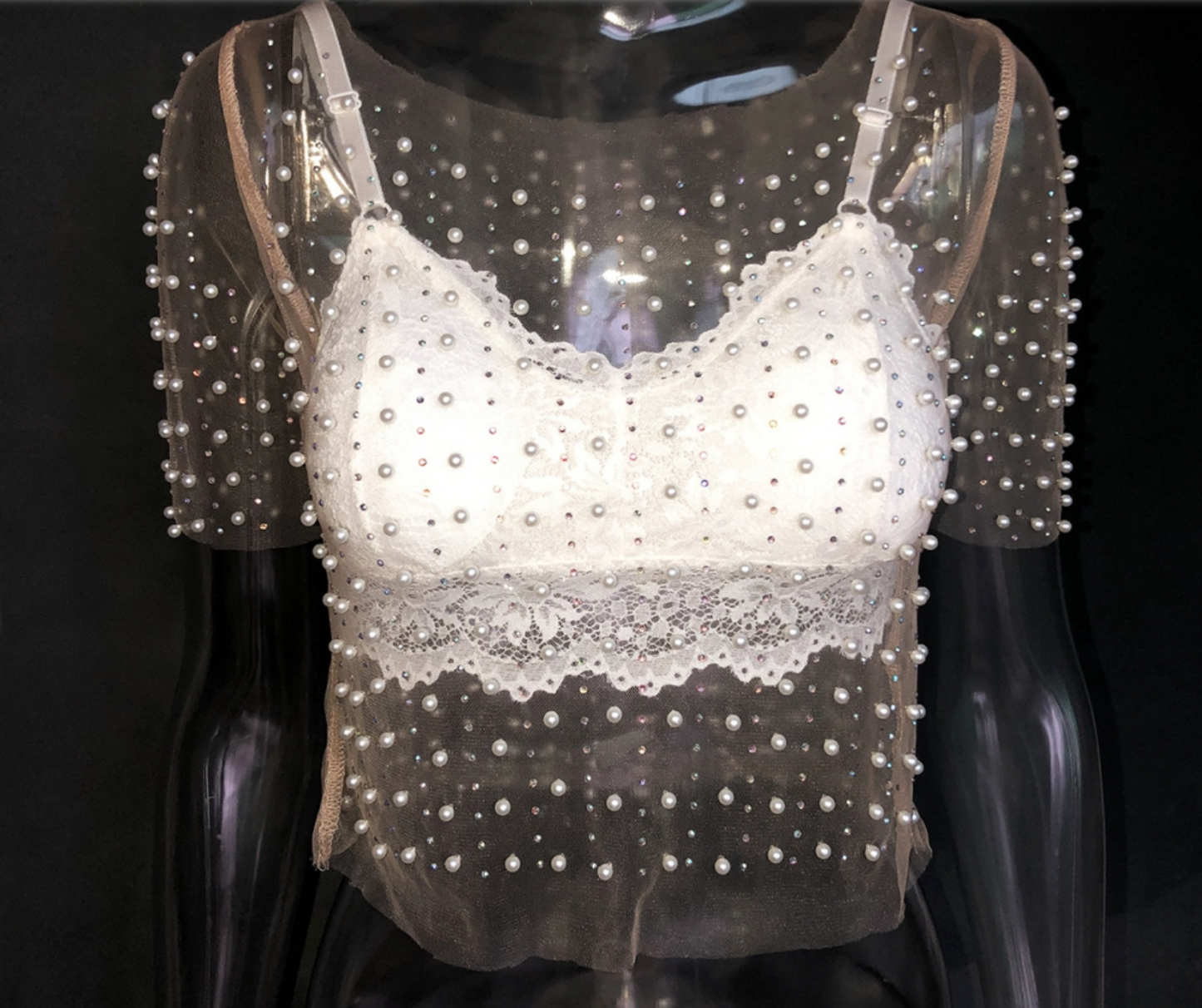 Sheer Pearl Beaded Crop Top