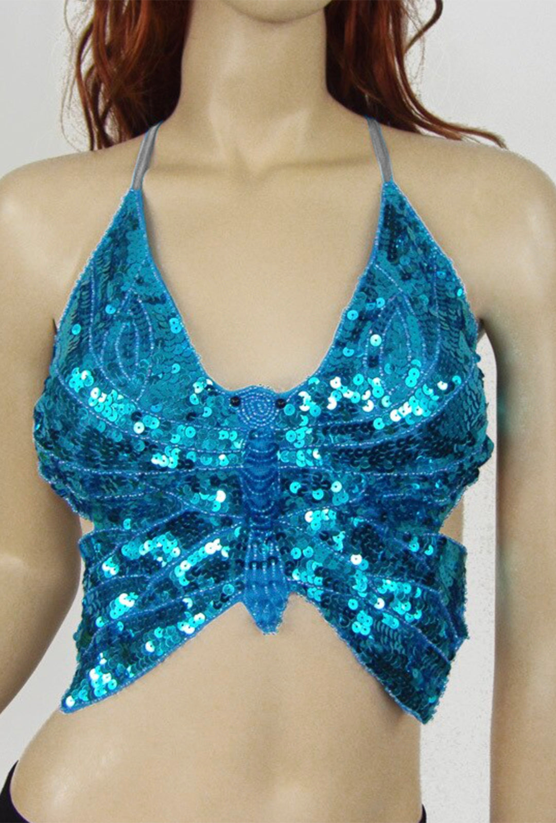 Sky Blue Sequin Butterfly Halter Top