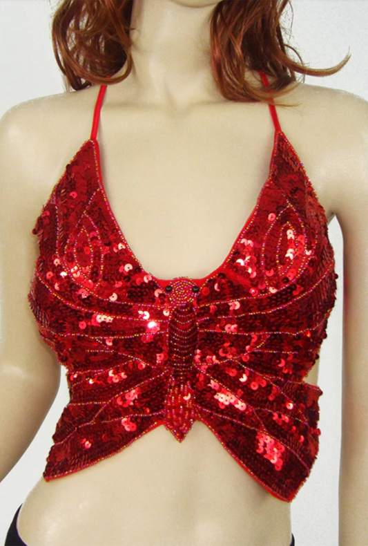 Red Sequin Butterfly Halter Top