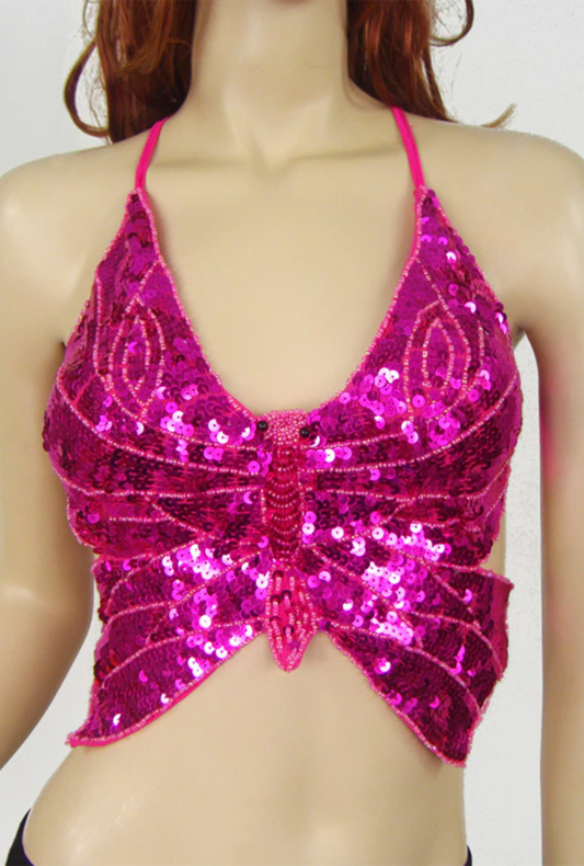 Hot Pink Sequin Butterfly Halter Top