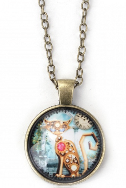 Steampunk Cat Antique Round Necklace