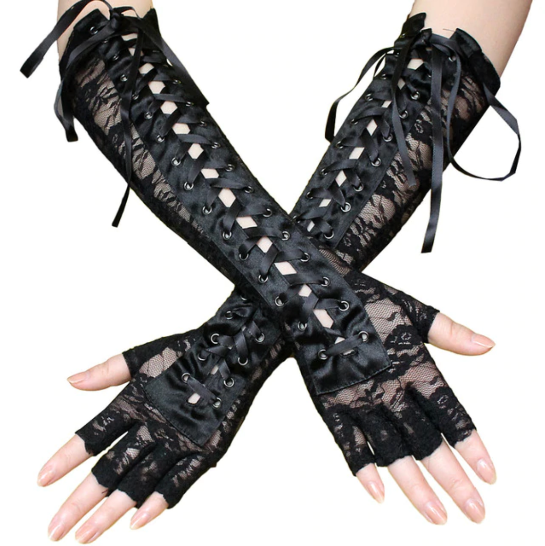 Black Lace Gloves with Black Ribbon