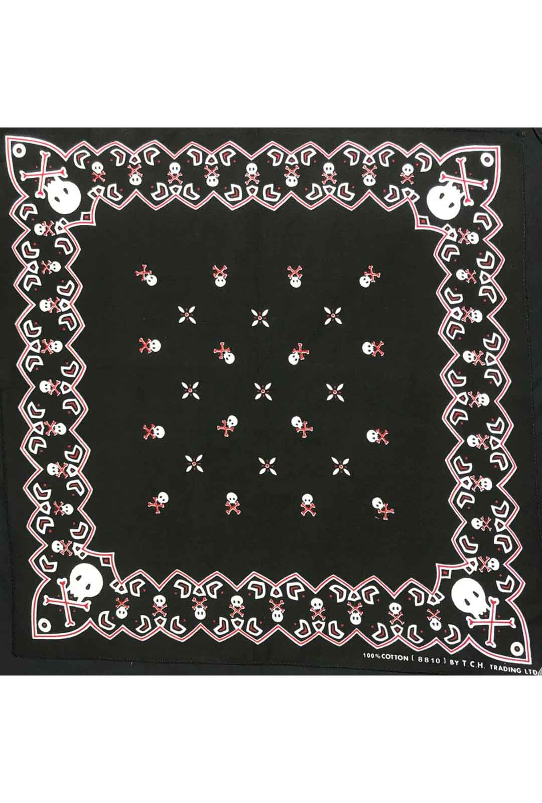 black bandana with red and white skull print