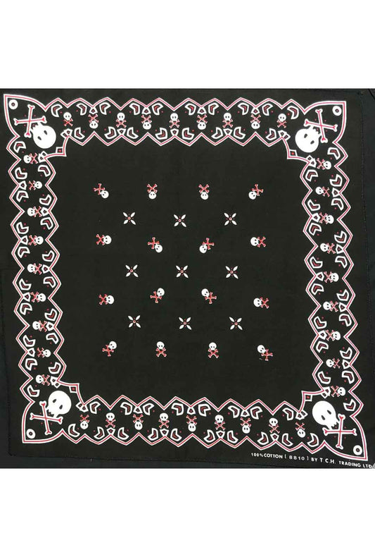 black bandana with red and white skull print