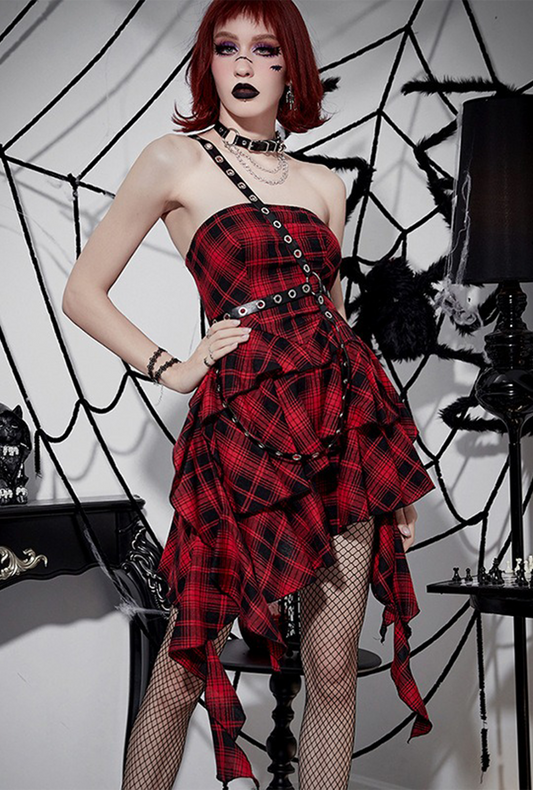 Punk Red Plaid Strappy Dress